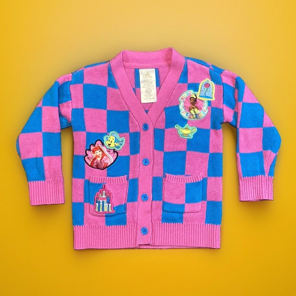 Disney Girls Cardigan Pink Blue Patch Princess Checkerboard Sweater Toddler Sz 3